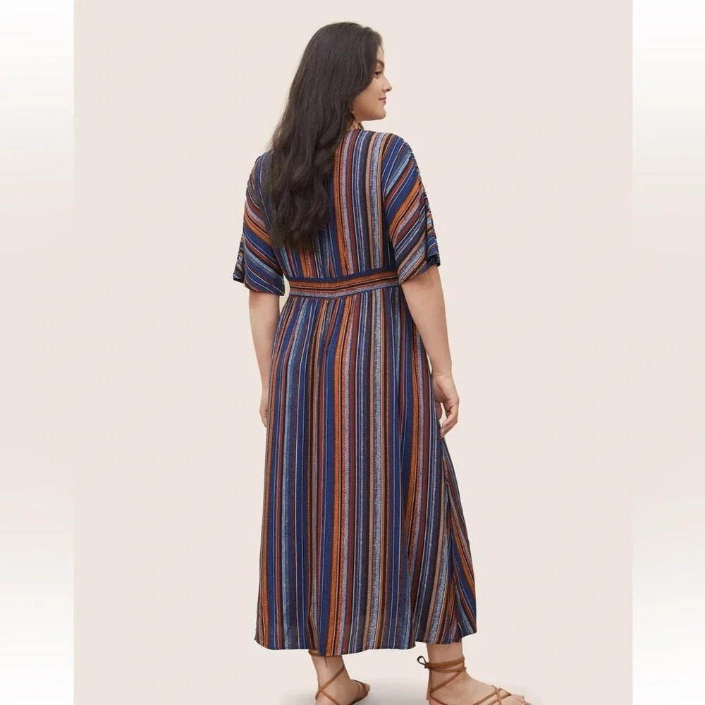 BloomChic Striped Contrast Dolman Sleeve Shirred Pocket Split Flutter Dress - Picture 2 of 7